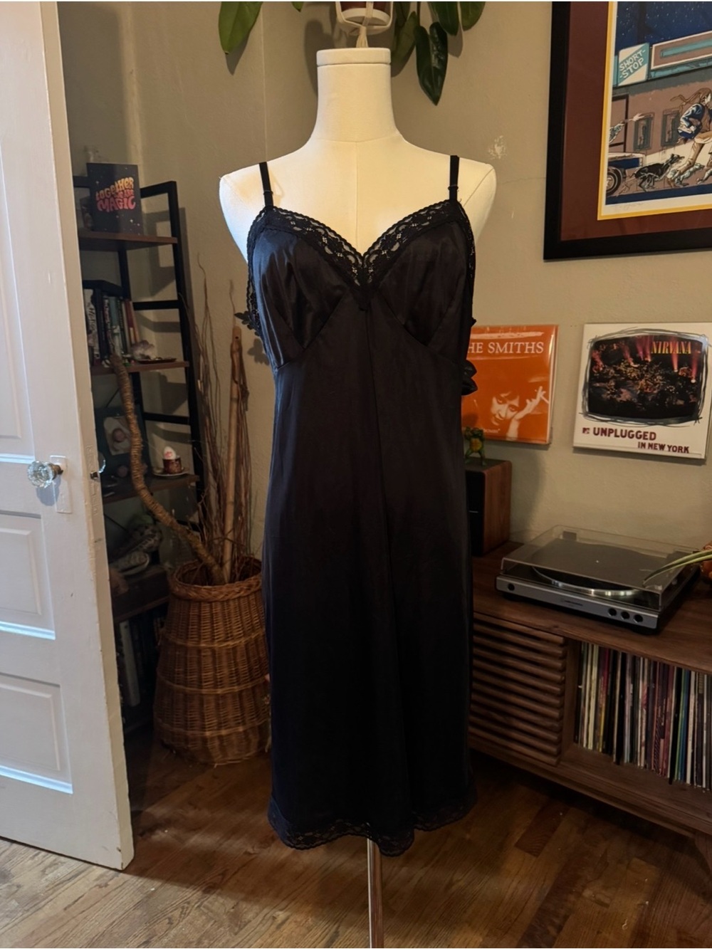 Vanity Fair Vintage Black Lace-Trim Satin Slip